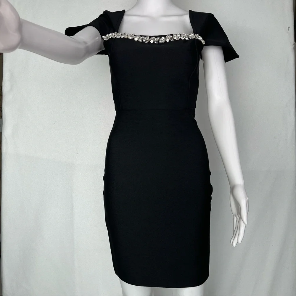 NWOT Dress Mini w/Embellished Neckline Bodycon Bandage Party Dress-Feminine Sz S